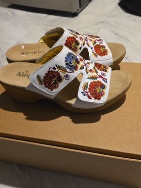 Alegria White Embroidered Slide Mules with Multicolor Floral Design
